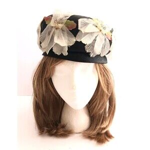 VTG Pill Box Hat Blk Lacquered Straw Flower Trim M/22.5 Miller's of Montgomery